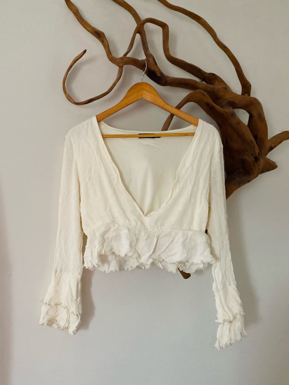 Nasty Gal Cream Ruffled V-Neck Cropped Top